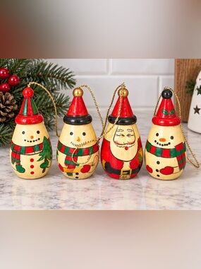 Vintage Wooden Christmas Ornaments Set of 4 Santa Snowmen Hand Painted 2”